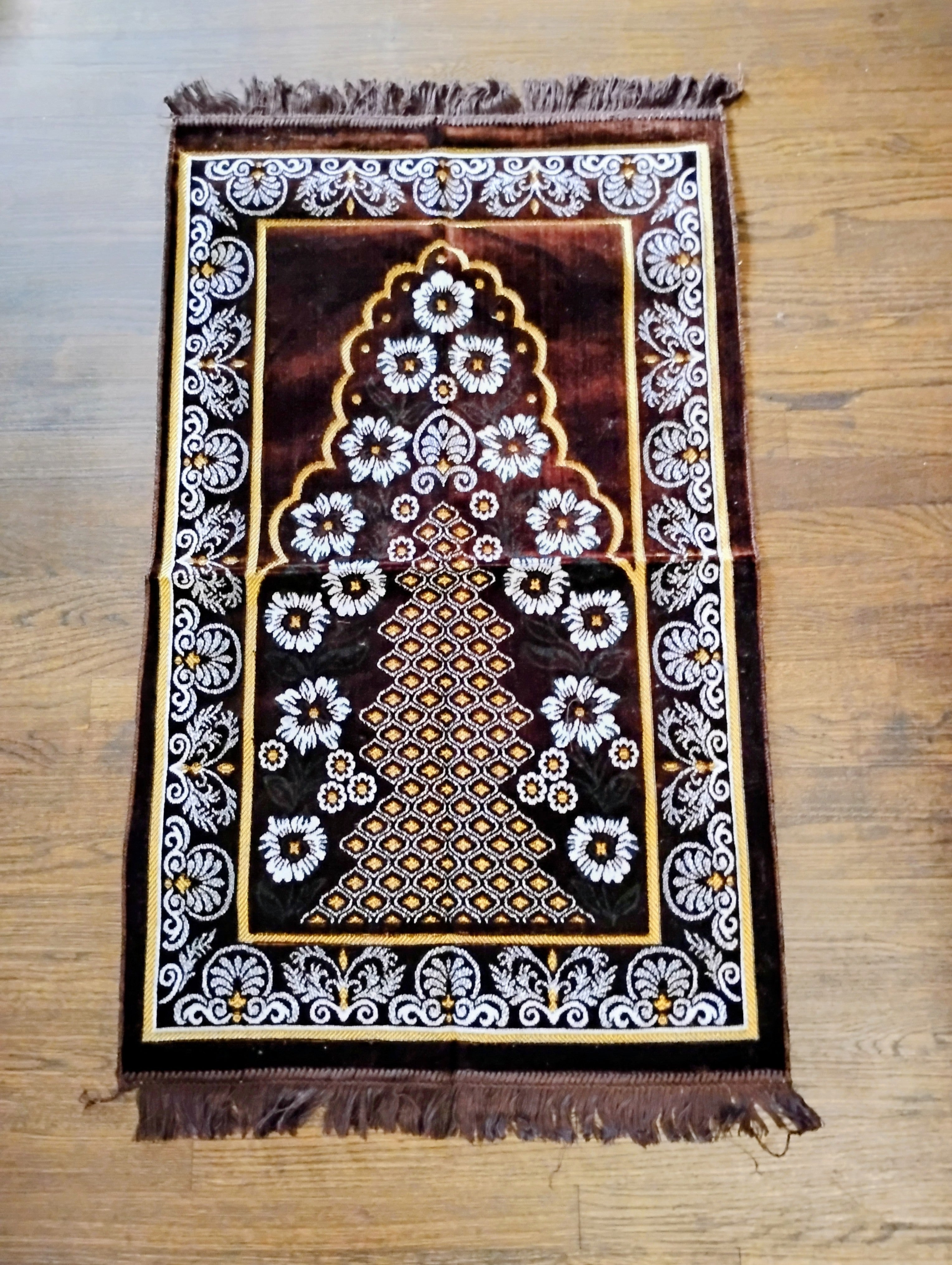 Brown, Yellow, and White Beautifully Designed Foldable Prayer Mat (Rug) 13th Design