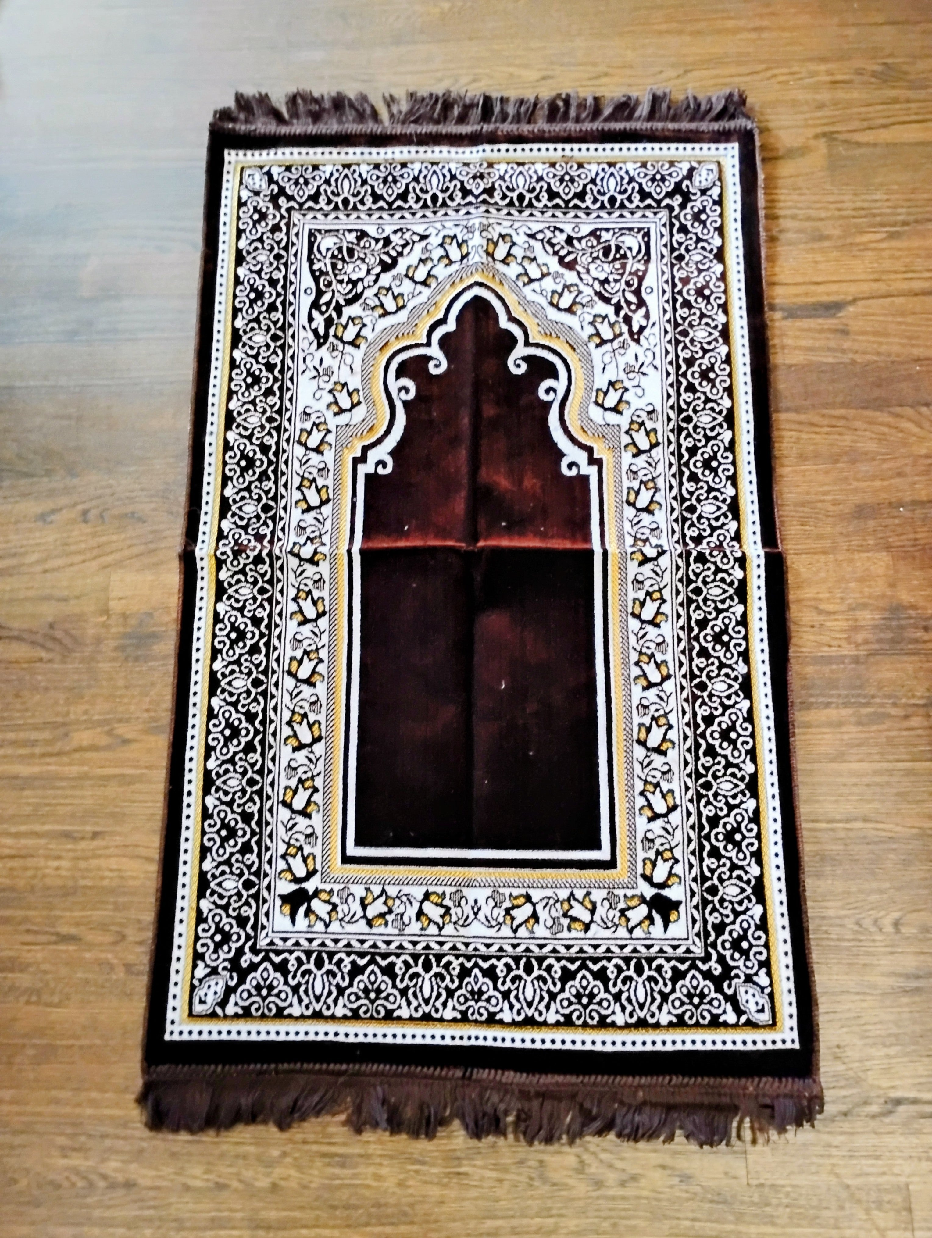 Brown, Yellow, and White Beautifully Designed Foldable Prayer Mat (Rug) 15th Design