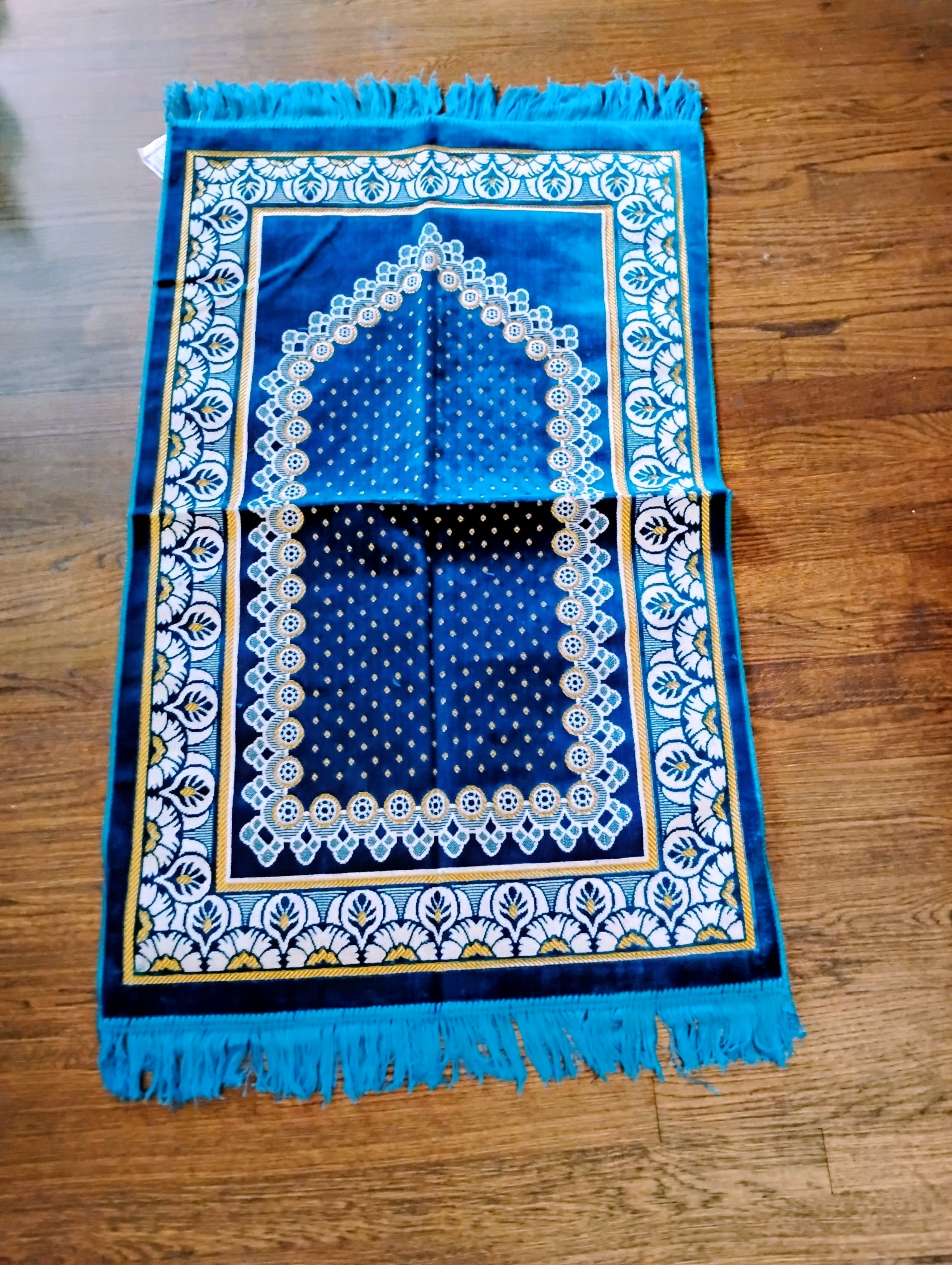 Turquoise Blue, Yellow, and White Beautifully Designed Foldable Prayer Mat (Rug) 16th Design