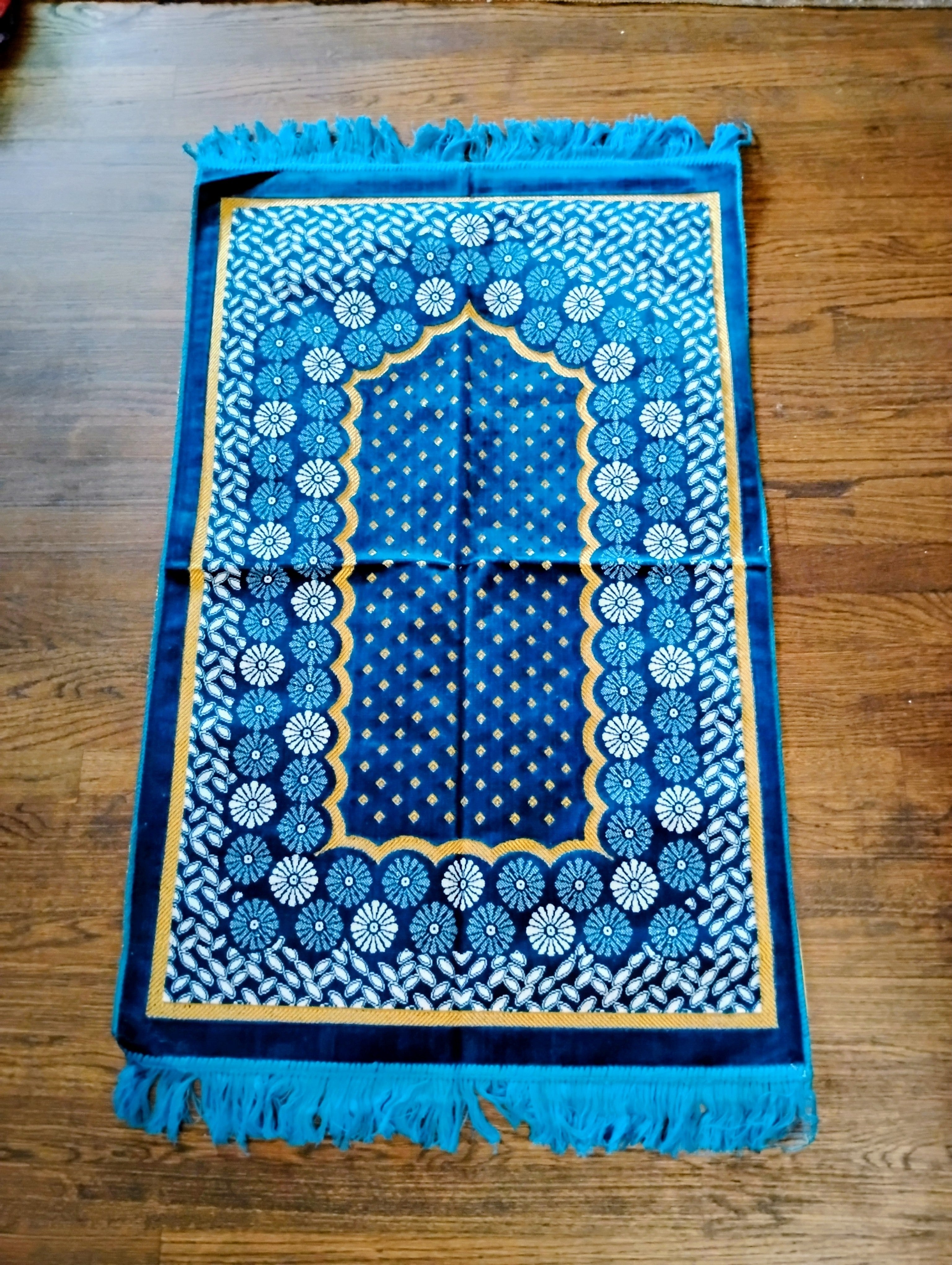 Turquoise Blue, Yellow, and White Beautifully Designed Foldable Prayer Mat (Rug) 17th Design