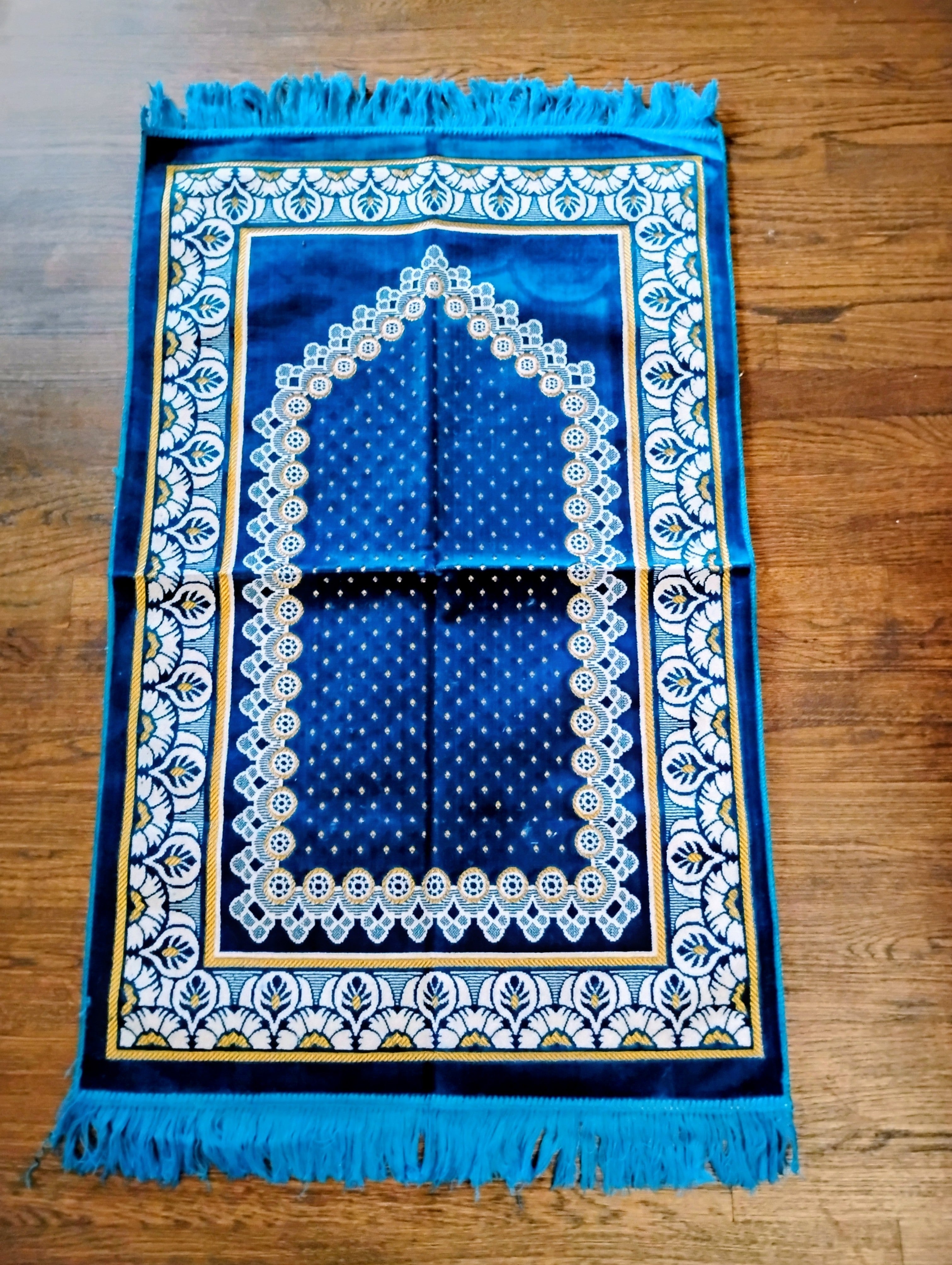 Turquoise Blue, Yellow, and White Beautifully Designed Prayer Mat (Rug) 18th Design