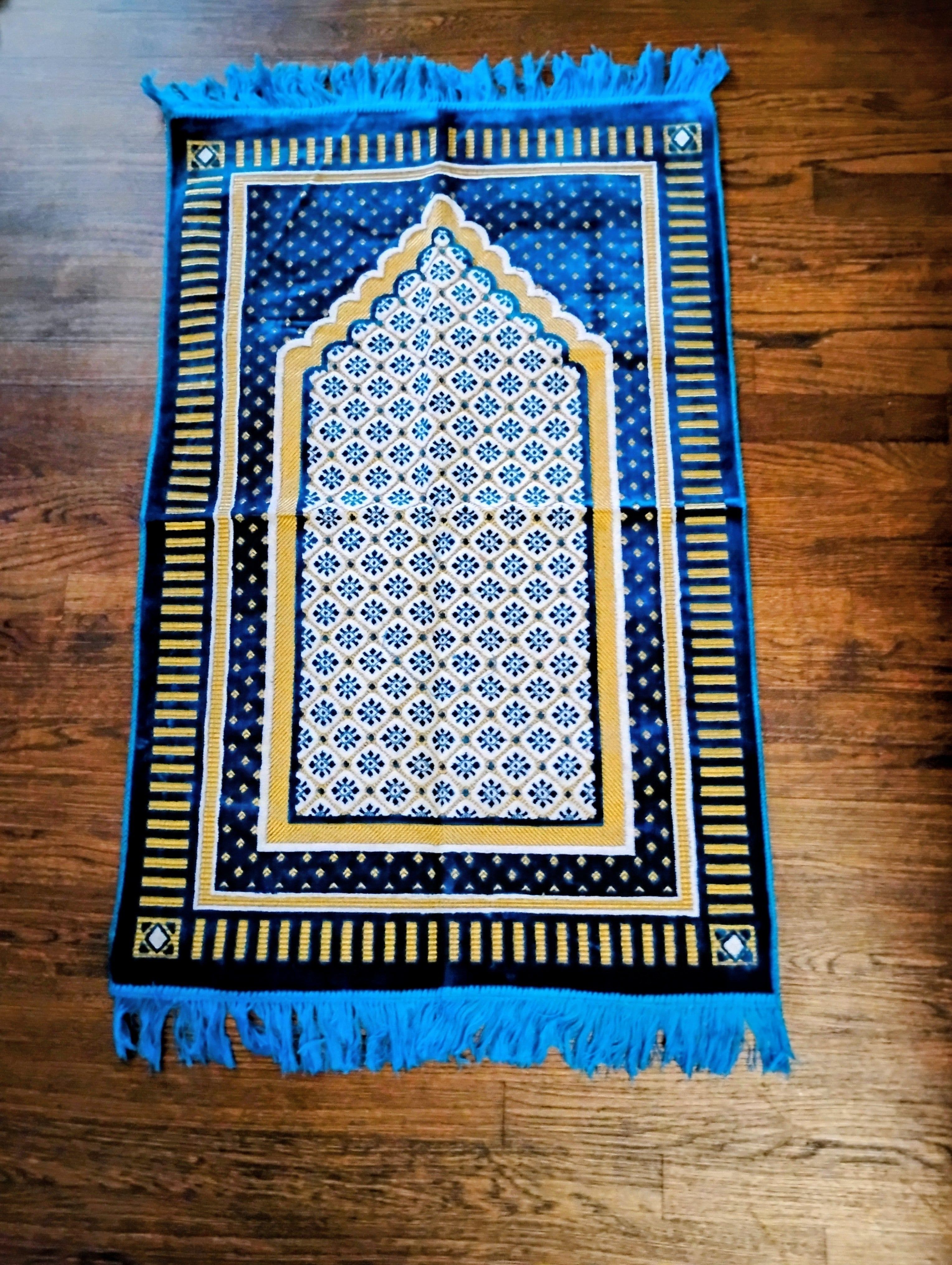 Turquoise Blue, Yellow, & White Beautifully Designed Foldable Prayer Mat (Rug) 20th Design