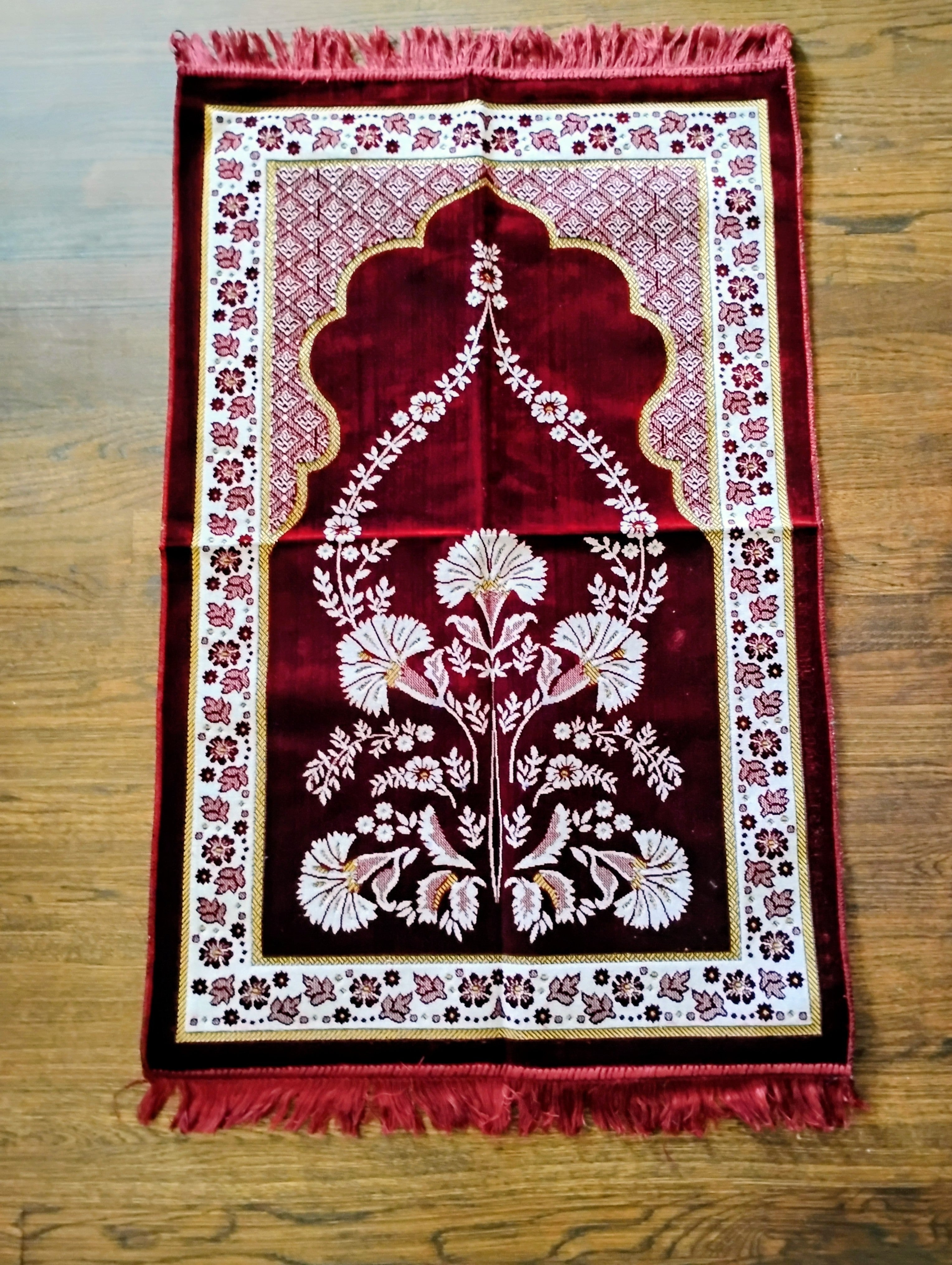 Burgundy, Yellow, and White Beautifully Designed Foldable Prayer Mat (Rug) 7th Design