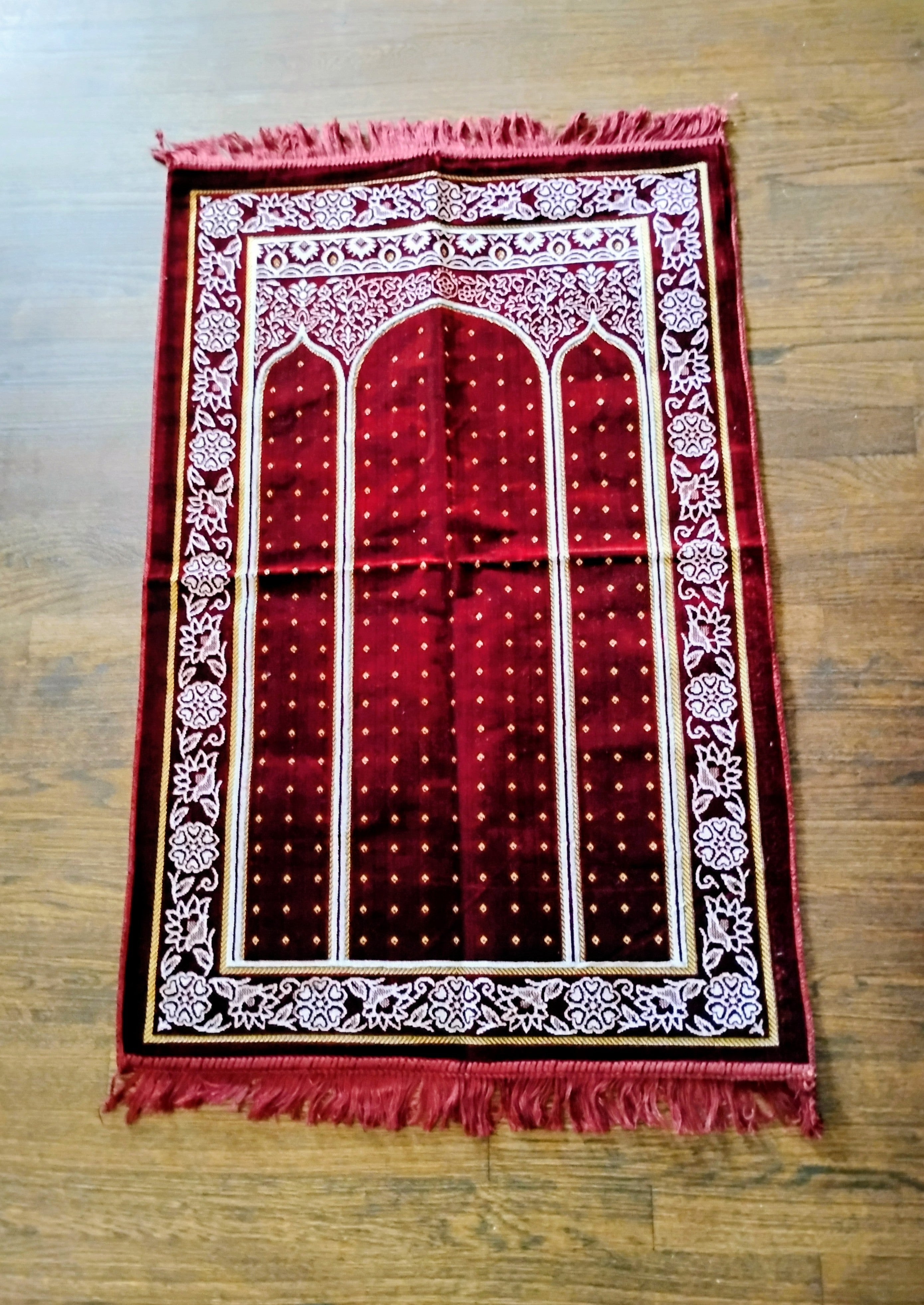 Burgundy, Yellow, and White Beautifully Designed Foldable Prayer Mat (Rug) 8th Design