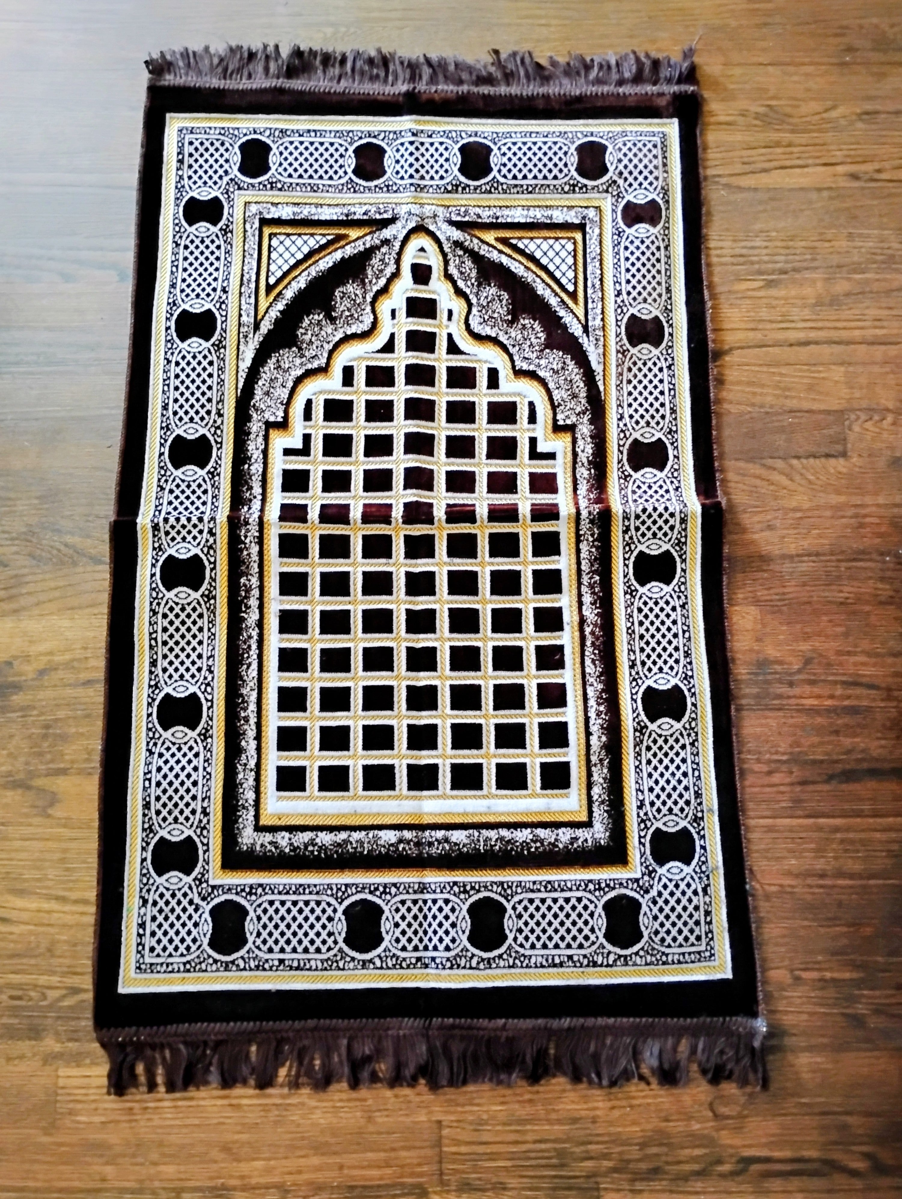Brown, Yellow, and White Beautifully Designed Foldable Prayer Mat (Rug) 12th Design